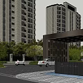 Hotel Building With Glass Facade Overlooking Garden Lawn And Trees