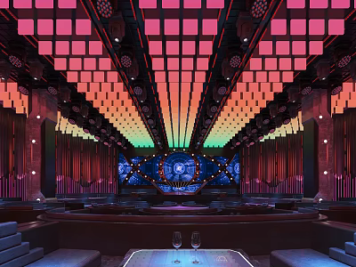 Stylish Bar Interior With Colorful Ceiling Design Neon Lights And Seating Area 3d model