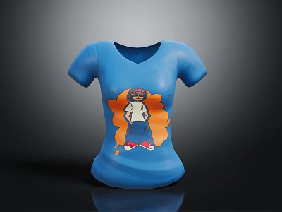 Blue T-shirt with cartoon character wearing hat white top blue pants red shoes orange design 3d model