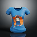 Blue T-shirt with cartoon character wearing hat white top blue pants red shoes orange design