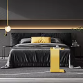 Modern Bedroom Interior Design With Black Bed Yellow Accents Green Plant And Gray Walls
