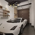 Modern Garage Interior With White Sports Car Bicycle Chandelier Wooden Shelves And Brick Wall