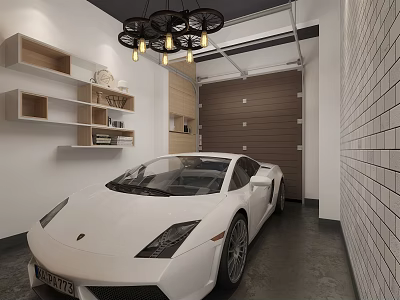 Modern Garage Interior With White Sports Car Bicycle Chandelier Wooden Shelves And Brick Wall 3d model