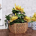 Wooden Table With Wicker Basket Yellow Flowers Blue White Vase Gray Wall Chrysanthemum Painting