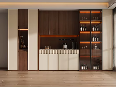 Modern Wine Cabinet Design With Wooden Glass Doors LED Lighting And Layered Shelves 3d model