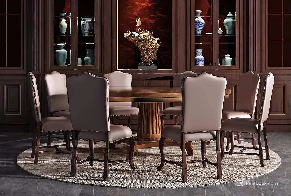 Elegant Round Wooden Dining Table Set with Upholstered Chairs and Wooden Cabinet with Decorative Vases 3d model 