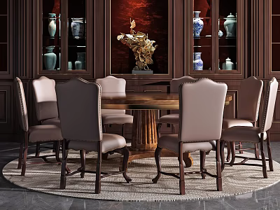 Elegant Round Wooden Dining Table Set with Upholstered Chairs and Wooden Cabinet with Decorative Vases 3d model