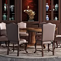 Elegant Round Wooden Dining Table Set with Upholstered Chairs and Wooden Cabinet with Decorative Vases