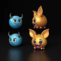 Blue And Gold Cartoon Character Ornament Set With Smiling Faces Horns And Ears