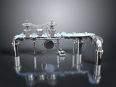 Industrial Metal Pipe System With Valves Connectors And Reflective Surface 3d model