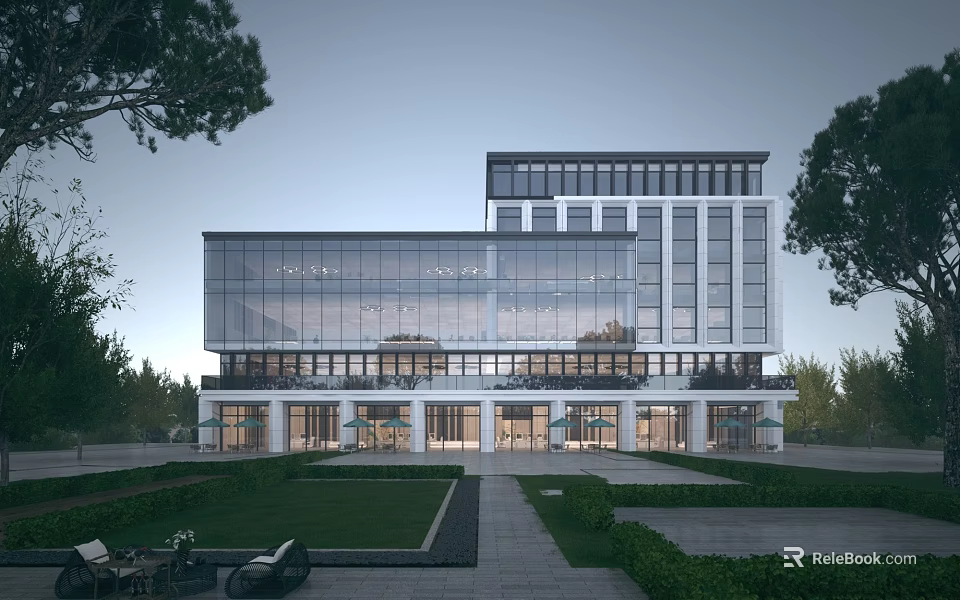 Modern Multi Storey Residential Building With Glass Facade Green Lawns And Trees 3d model 