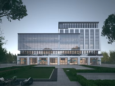 Modern Multi Storey Residential Building With Glass Facade Green Lawns And Trees 3d model