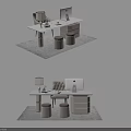 Modern Minimalist Work Desk Setup With Computer Lamp Stools Cabinet And Rug 3d model
