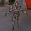 Futuristic Armored Character Standing With Alien Creature In Urban Environment