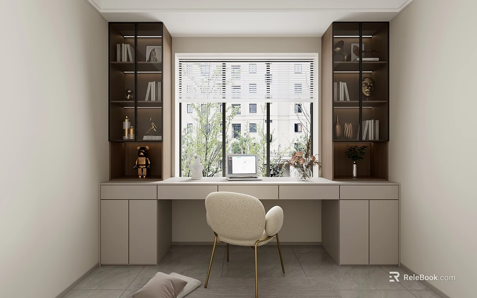 Built in Modern Bookcase With Desk Window Decorations And Natural Light 3d model