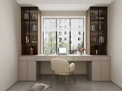 Built in Modern Bookcase With Desk Window Decorations And Natural Light 3d model