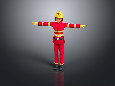 Game and movie character in red firefighter uniform with yellow helmet red star outstretched arms 3d model