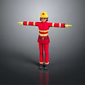 Game and movie character in red firefighter uniform with yellow helmet red star outstretched arms