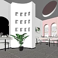Modern Hair and Beauty Salon Interior With Pink Walls Curved Design White Counters and Mirrors