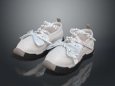 Stylish Decorative Casual Shoes With White Transparent Upper Bowknot Pearls Rhinestones And Black Thick Sole 3d model