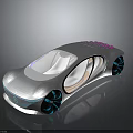 Futuristic Concept Car Featuring Sleek Silver Aerodynamic Body Transparent Elements and Blue Illuminated Wheels