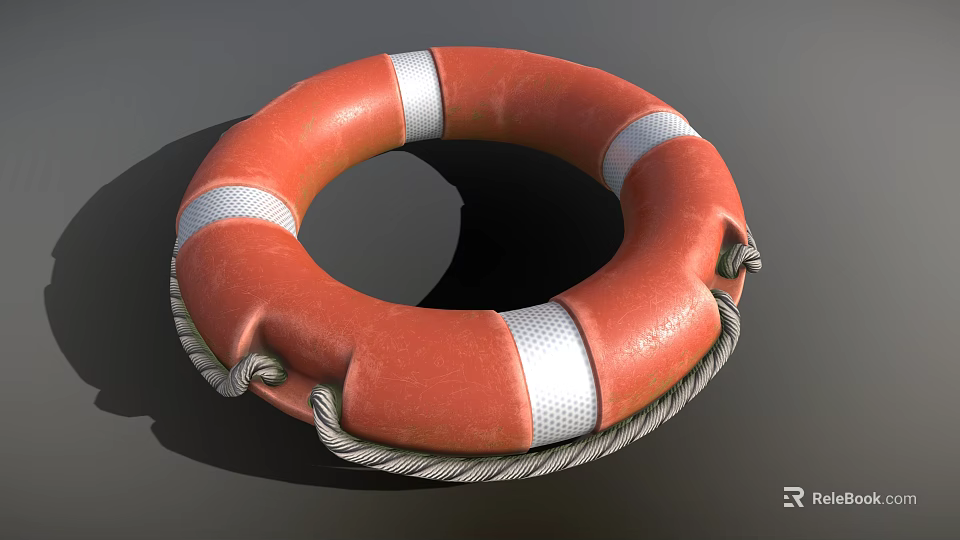 High Visibility Orange Lifebuoy With Bold White Stripes And Braided Rope 3d model 