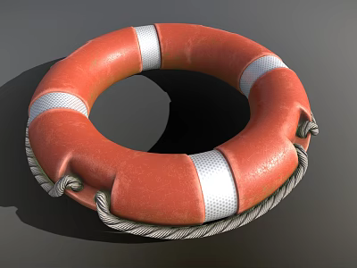 High Visibility Orange Lifebuoy With Bold White Stripes And Braided Rope 3d model