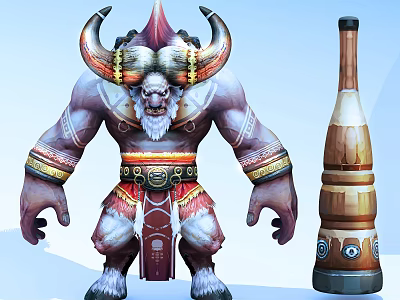 Horned Muscular Tribal Warrior Character With Decorated Barrel In Game Scene 3d model