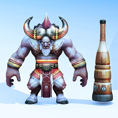 Horned Muscular Tribal Warrior Character With Decorated Barrel In Game Scene 3d model
