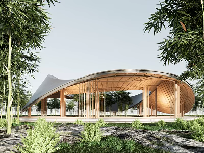 Garden Landscape Featuring Modern Wooden Pavilion Curved Roof Bamboo And Lush Green Plants 3d model