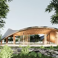 Garden Landscape Featuring Modern Wooden Pavilion Curved Roof Bamboo And Lush Green Plants