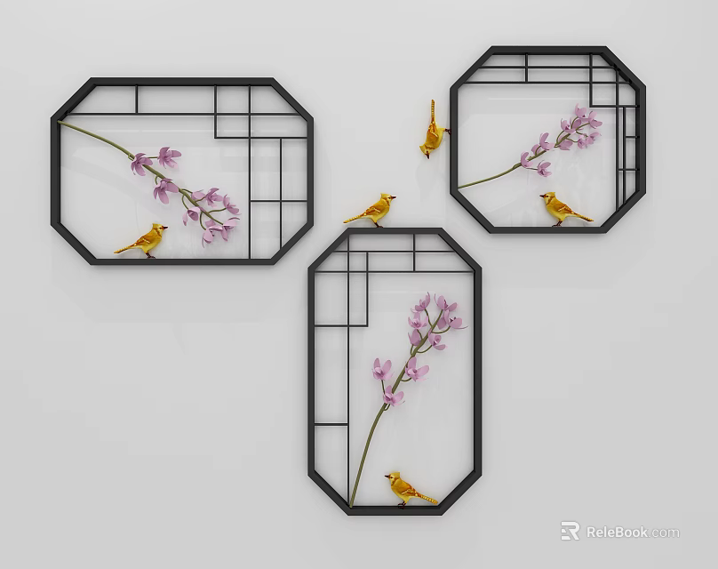 Creative Wall Decor with Black Frames Various Shapes Purple Flower Branches and Yellow Birds 3d model 