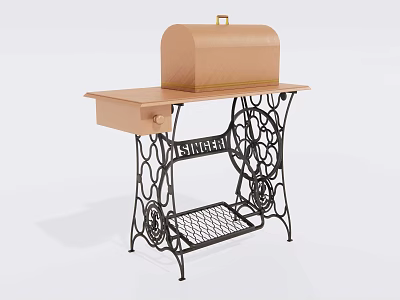 Industrial Equipment Singer Model With Black Iron Frame Wooden Tabletop And Brown Cover 3d model