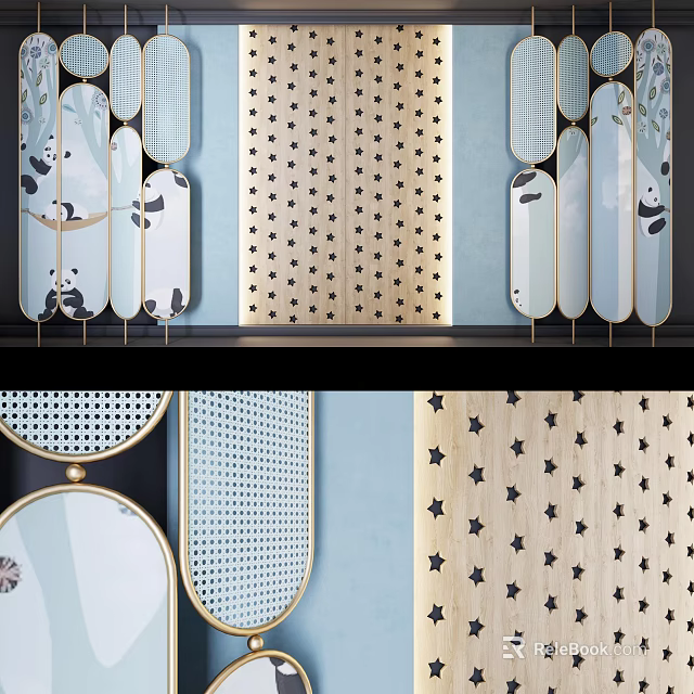 Modern Decorative Screens With Panda Patterns Star Designs And Mirror Elements 3d model