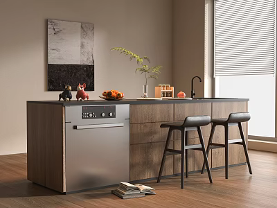 Modern Wooden Bar Counter with Black Bar Stools Dishwasher Fresh Fruits Green Plant and Window 3d model
