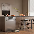 Modern Wooden Bar Counter with Black Bar Stools Dishwasher Fresh Fruits Green Plant and Window