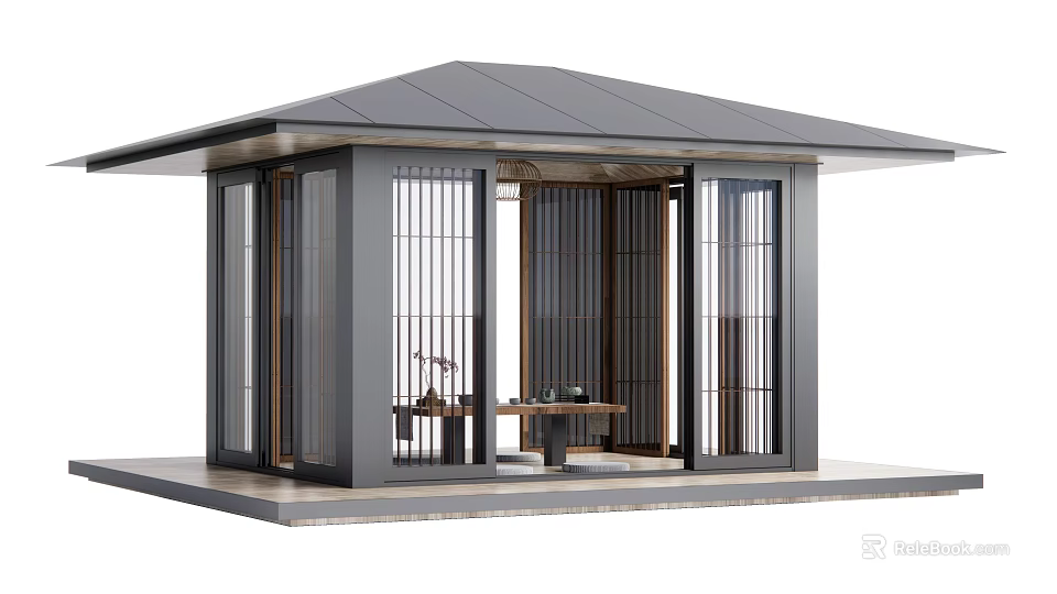 Modern Japanese Style Pavilion With Black Frame Flat Roof Sliding Lattice Doors And Interior Table 3d model 