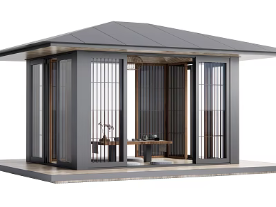 Modern Japanese Style Pavilion With Black Frame Flat Roof Sliding Lattice Doors And Interior Table 3d model