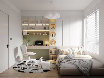 Cozy Bright Kids Room Interior With Study Desk Bed Toys And Bookshelf 3d model