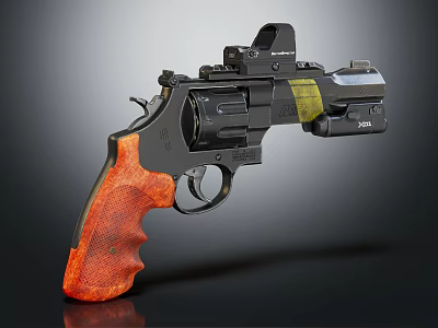 Tactical Revolver With Orange Textured Grip Black Body Red Dot Scope And Yellow Label 3d model