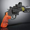 Tactical Revolver With Orange Textured Grip Black Body Red Dot Scope And Yellow Label