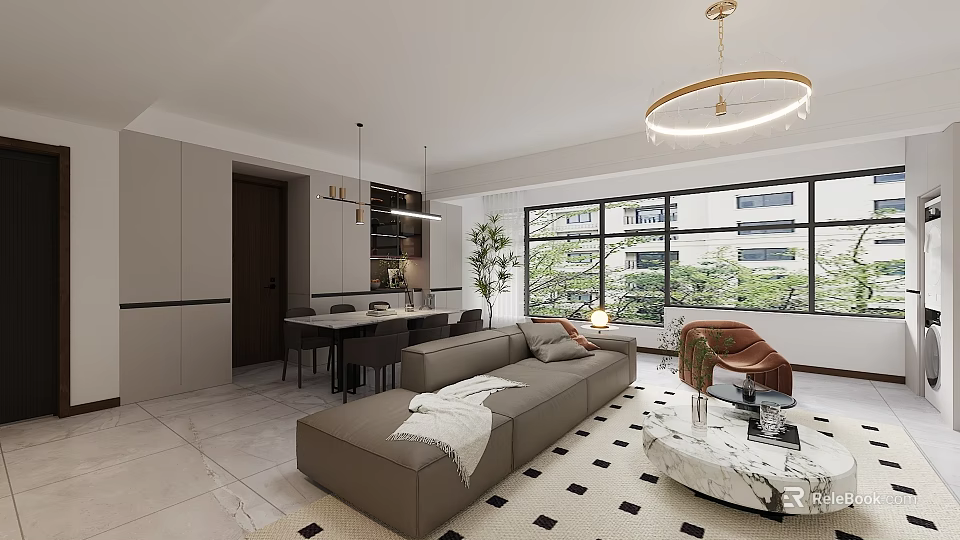Modern Living and Dining Room Interior With Beige Sofa Dining Table Chandelier And Large Windows 3d model 