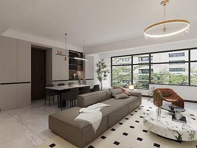 Modern Living and Dining Room Interior With Beige Sofa Dining Table Chandelier And Large Windows 3d model
