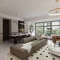 Modern Living and Dining Room Interior With Beige Sofa Dining Table Chandelier And Large Windows