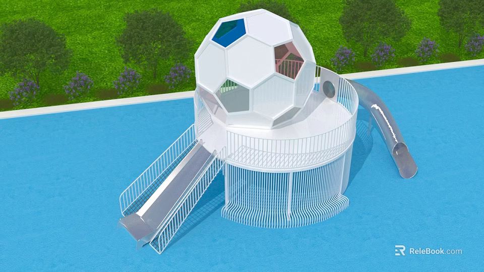 White Spherical Playground Equipment With Slides Stairs On Blue Ground Surrounded By Green Trees 3d model 