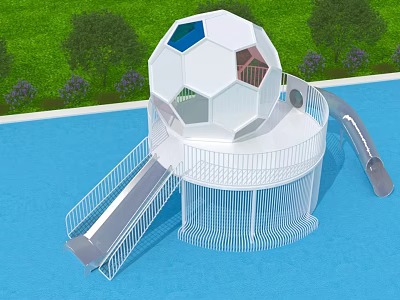 White Spherical Playground Equipment With Slides Stairs On Blue Ground Surrounded By Green Trees 3d model