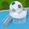 White Spherical Playground Equipment With Slides Stairs On Blue Ground Surrounded By Green Trees