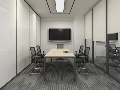 Modern Meeting Room With Long Table Black Chairs And Large Screen TV 3d model