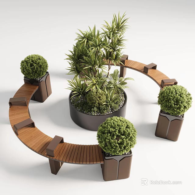 Outdoor Chair with Circular Wooden Design Surrounded by Green Plants and Planters 3d model 