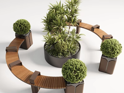 Outdoor Chair with Circular Wooden Design Surrounded by Green Plants and Planters 3d model